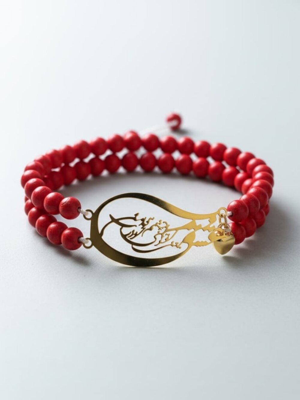 Gold-Plated Persian Calligraphy Bracelet with Red Stone Beads